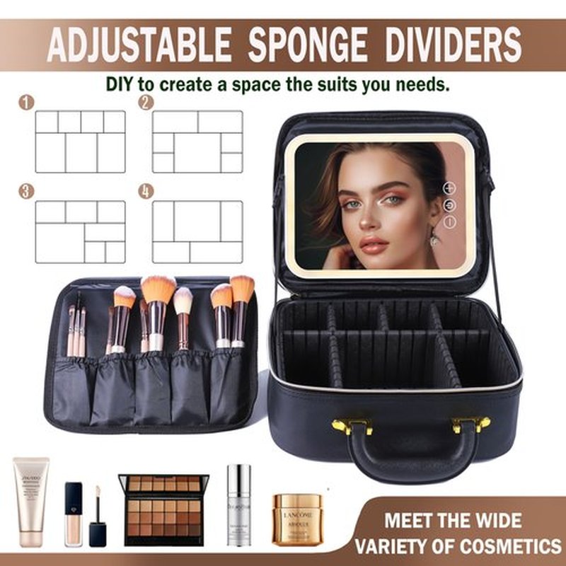 Makeup Travel Train Case with Mirror, LED Light, 3 Adjustable Brightness Levels, Cosmetic Bag with Handle, Portable Storage, Adjustable Partition, Waterproof, Monogrammed Gift Makeup Bag for Women