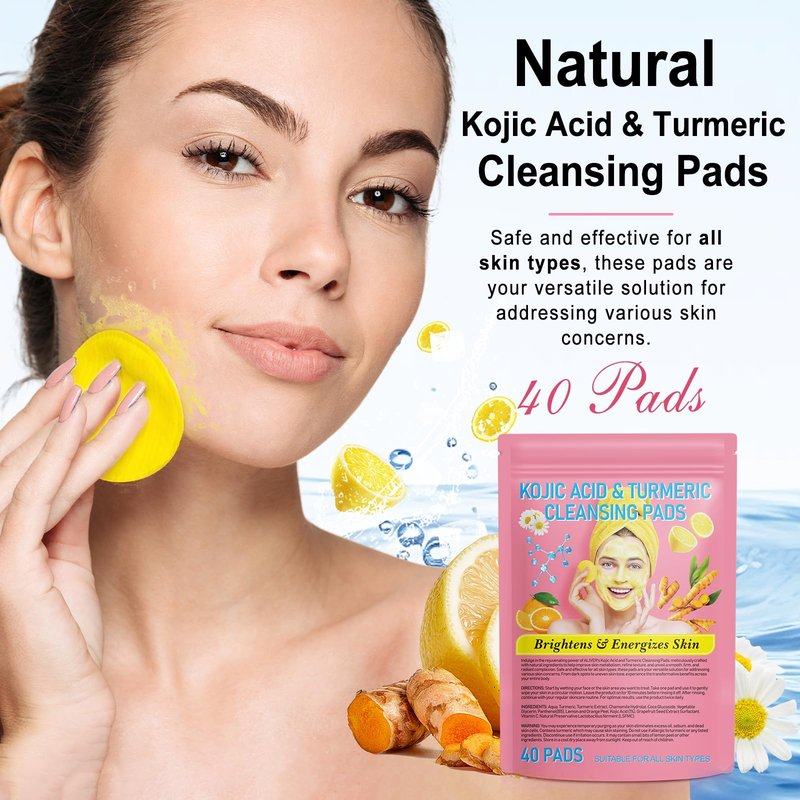Kojic Acid and Turmeric Cleansing Pads 40Pcs, Turmeric Kojic Acid Pads for Acne Scars Face and Firming Skin, Deep Clean Pores,Exfoliating, Enriched Vitamin C, Gentle & Non-Irritating for Face Body