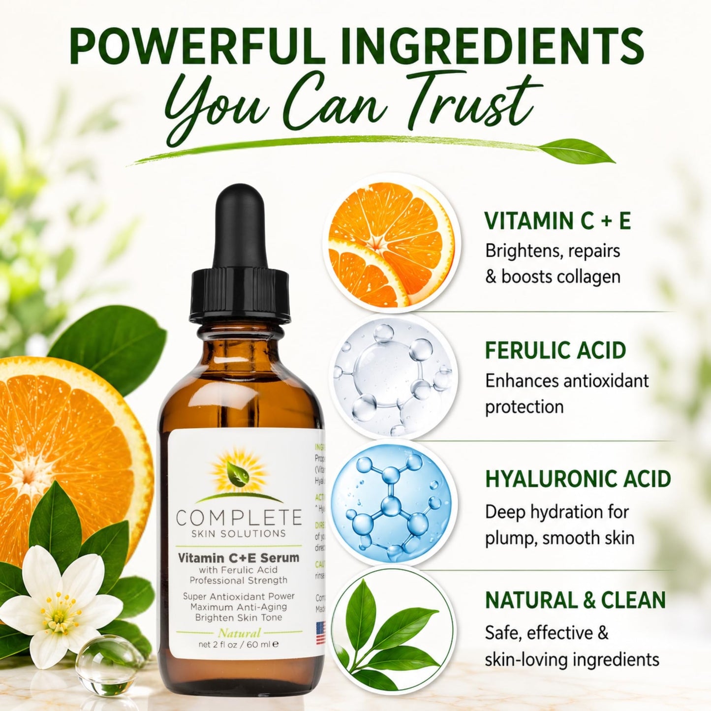 Complete Skin Solutions Natural Vitamin C E Serum With Ferulic Acid 2 oz