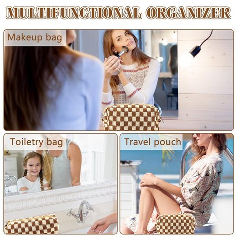ZLFSRQ 2Pcs Checkered Makeup Bag for Women Pencil Pouch Travel Small Cosmetic Bag Set Cute Makeup Pouch Purse Pencil Case Pencil Bag Zippered Toiletry Bag Organizer Preppy Trendy Storage Bag(Brown)
