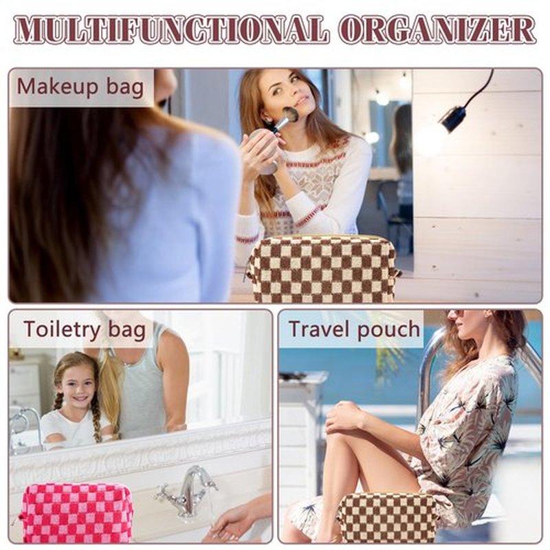 ZLFSRQ 2Pcs Checkered Makeup Bag for Women Large Capacity Cosmetic Bag Set Travel Makeup Pouch for Purse Zipper Toiletry Organizer Cute Y2K Aesthetic Trendy Makeup Brushes Storage Bag(Pink/Brown)