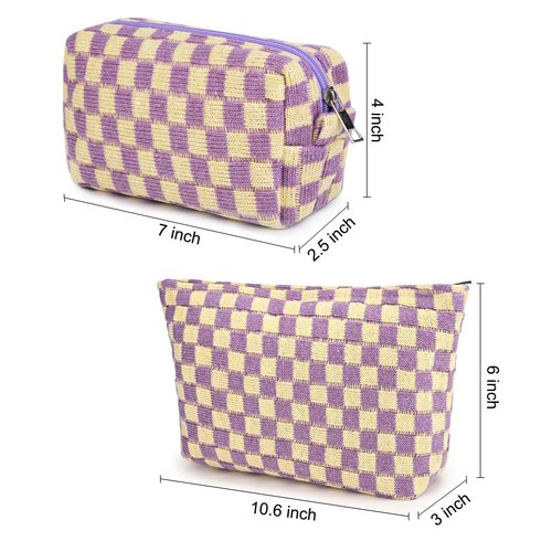 SOIDRAM 2 Pcs Checkered Makeup Bag Large Cosmetic Bag Toiletry Bag Makeup Pouch Travel Bag Organizer Cute Makeup Brushes Aesthetic Accessories Storage Bag for Women Purple