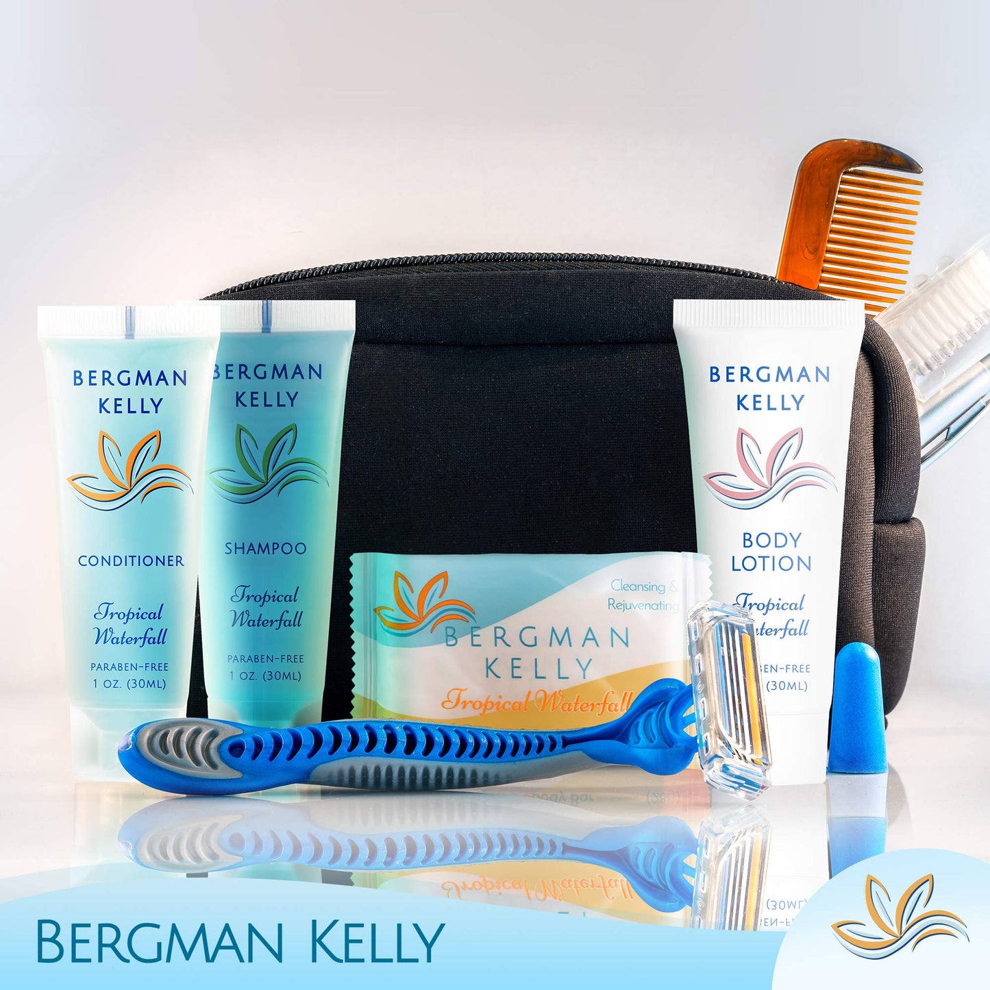 Bergman Kelly - Hotel Toiletries Bundle - Tropical Waterfall, 1 oz each, 200 Pieces - 4-Piece Set: 50 Rectangular Bar Soap, 50 Shampoo, 50 Conditioner & 50 Body Lotion - Bulk Mini Guest Amenities