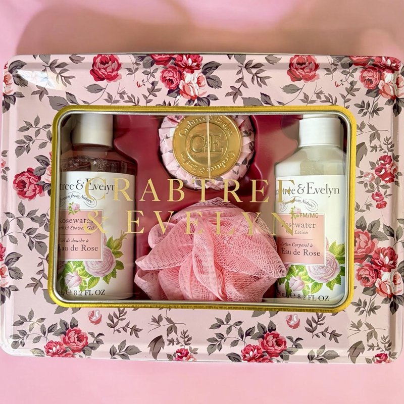 Crabtree & Evelyn Rosewater Bath and Shower Gift Set, Body Lotion, Soap, Loofah, 4 Piece