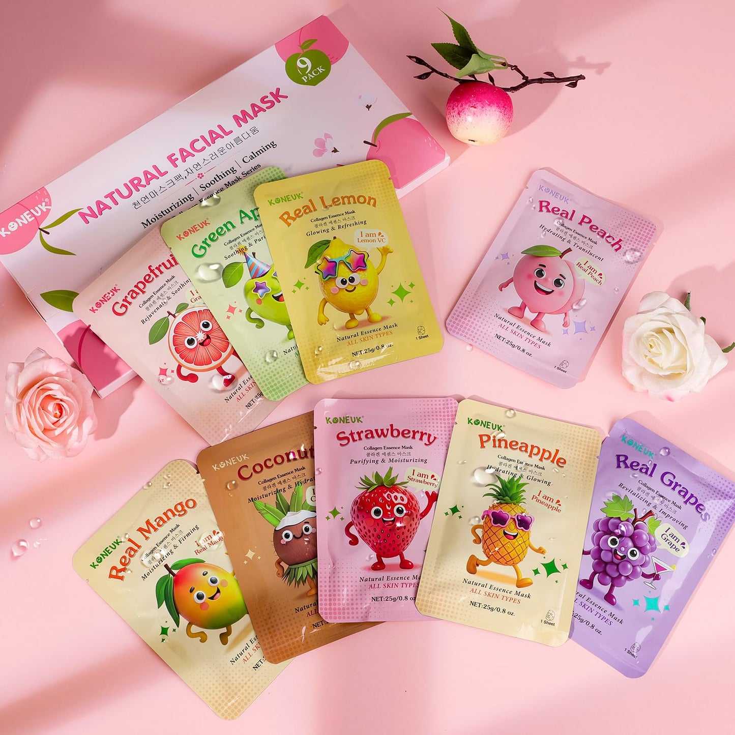 KONEUK 9 Pack Fruit Face Masks Skincare for Kids, Bulk Collagen Face Mask for Teens Women, Skin Care for Kids, Sleepover Party Supplies, Spa Birthday Party Supplies and Gifts for Girls