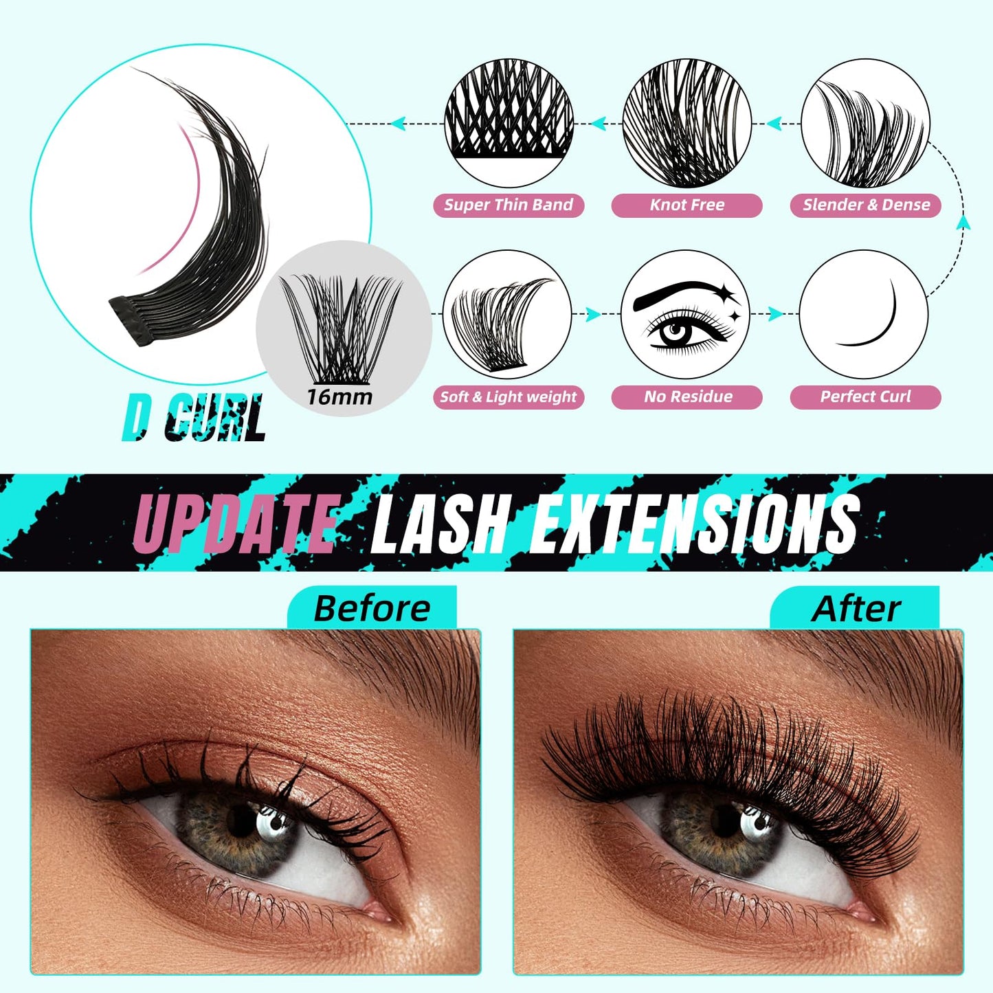 AMZGIRL LASH Midnight DIY Lash Extension Kit, 144 pcs Eyelash Clusters Kit Lash Bond and Seal, Lash Glue Remover and Applicator for Individual False Eyelashes Kit Lash Extensions(D-16mm Kit)