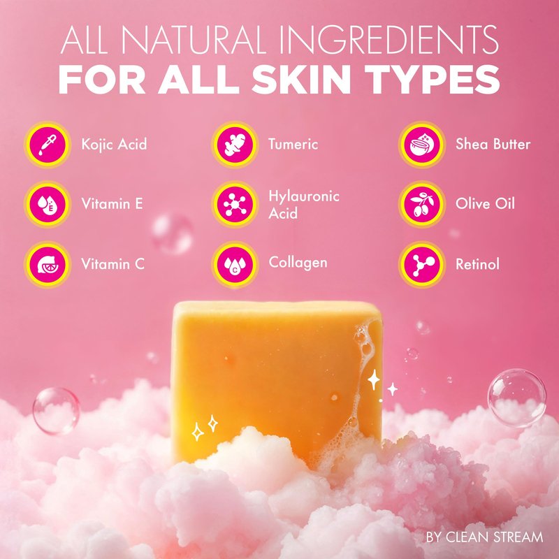 Cleanstream Radiance Soap Bars with Retinol, Vitamin C & Collagen – Gentle Cleanser for Face, Body & Intimate Areas – With Shea Butter, Turmeric & Hyaluronic Acid – Includes Soft Brush