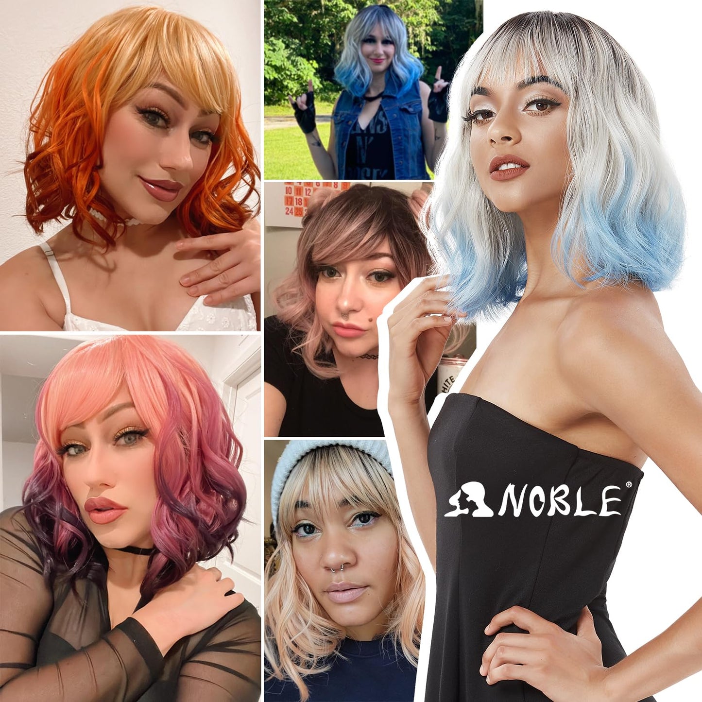 NOBLE Short Black Wig with Bangs Bob Curly Wavy Wigs with Bangs for Women Natural Black Heat Resistant Synthetic Fiber Wigs for Daily Party Cosplay Costume Wigs