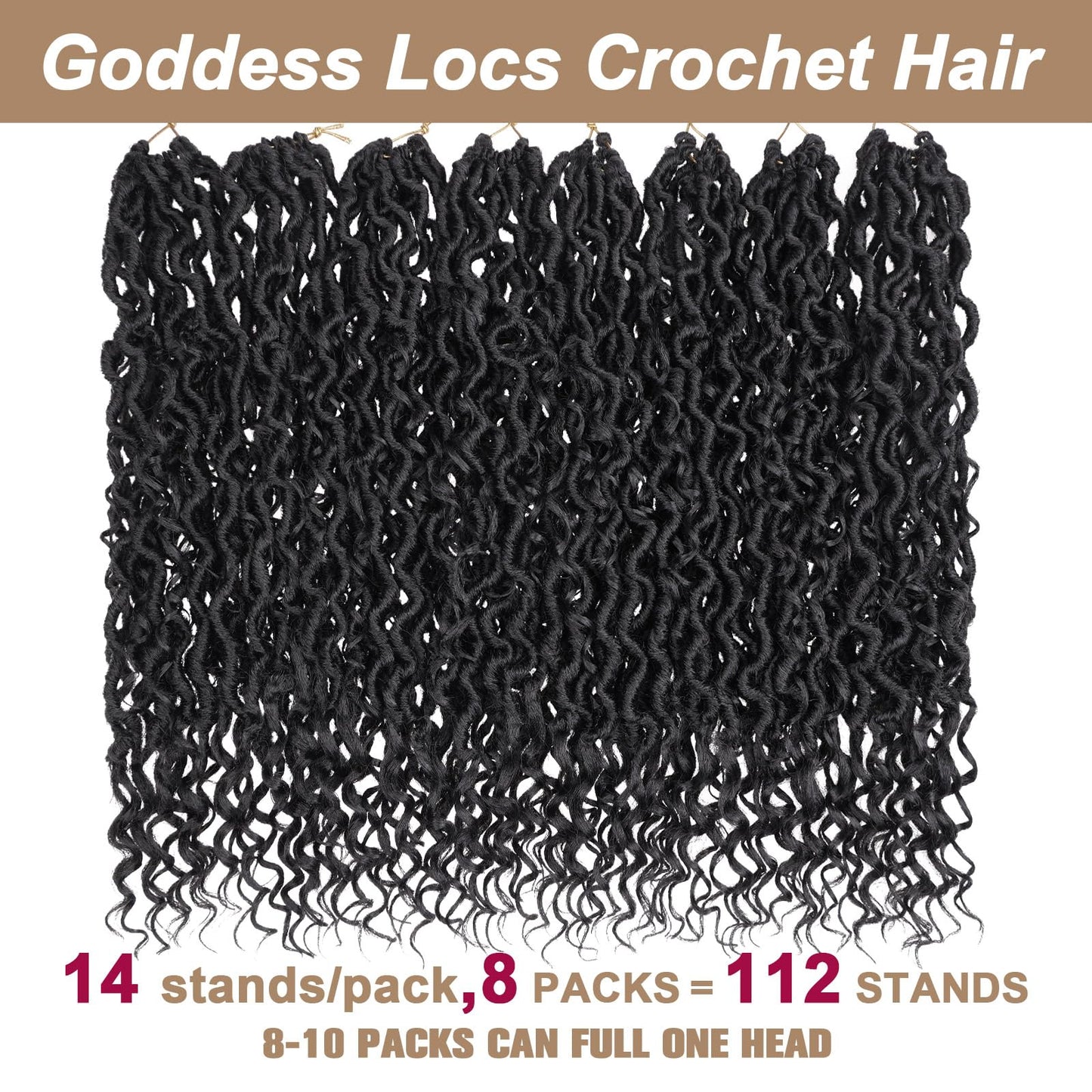 COOKOO 18 Inch 8 Packs (14 Stands/Pcs) Pre-looped Crochet Goddess Locs with Curly Ends Jet black Soft Faux Locs Wavy Crochet Braiding Hair Pre Curled Goddess bohemian Locs Crochet Hair for Women