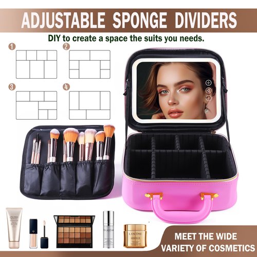 Makeup Travel Train Case with Mirror, LED Light, 3 Adjustable Brightness Levels, Cosmetic Bag with Handle, Portable Storage, Adjustable Partition, Waterproof, Monogrammed Gift Makeup Bag for Women