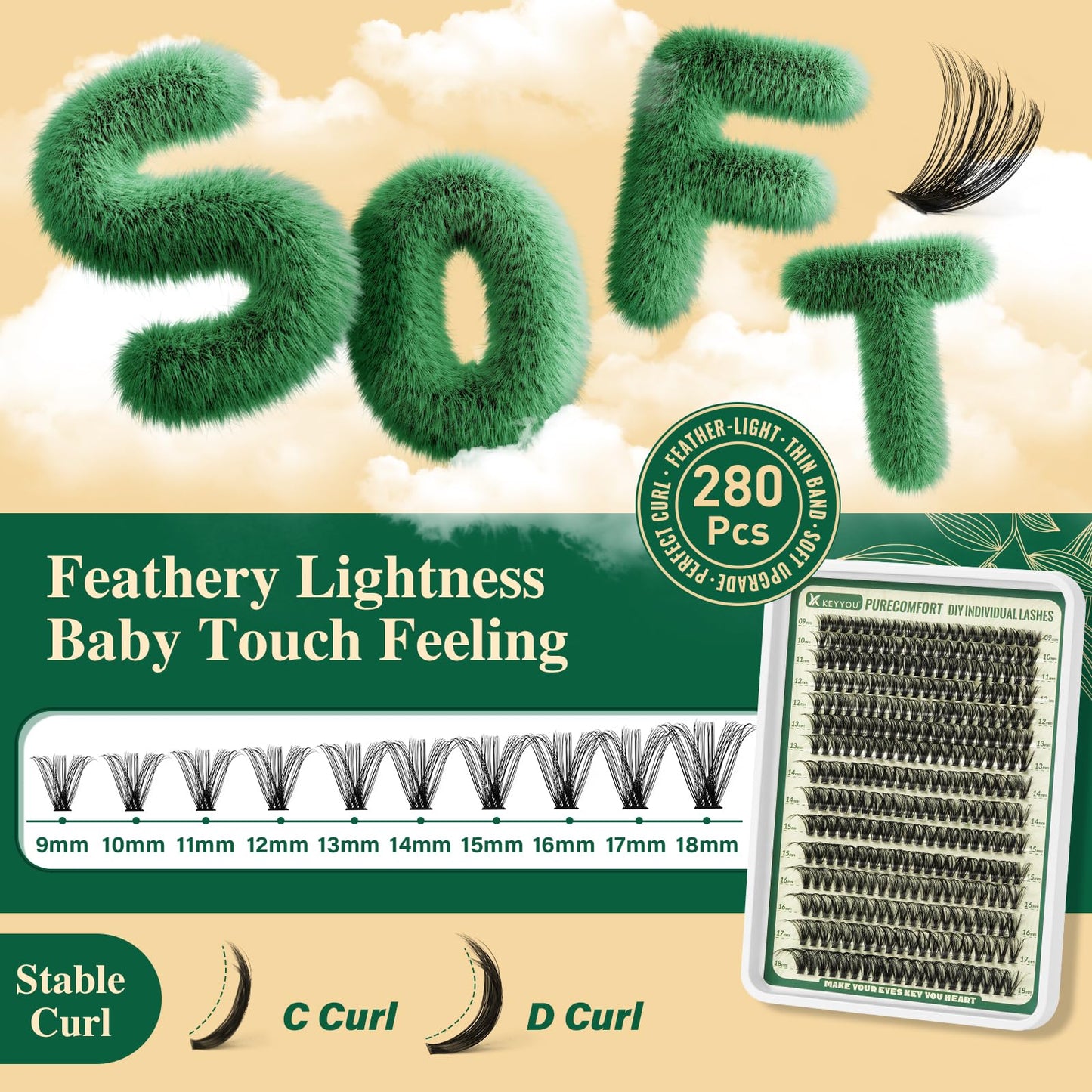 KEYYOU DIY Lash Extension Kit 300pcs 80D D Curl Soft Lash Clusters Easy to Apply with Lash Bond and Seal Applicator and Remover Eyelash Extension Kit at Home(RMkit-80D-D-9-18mix)