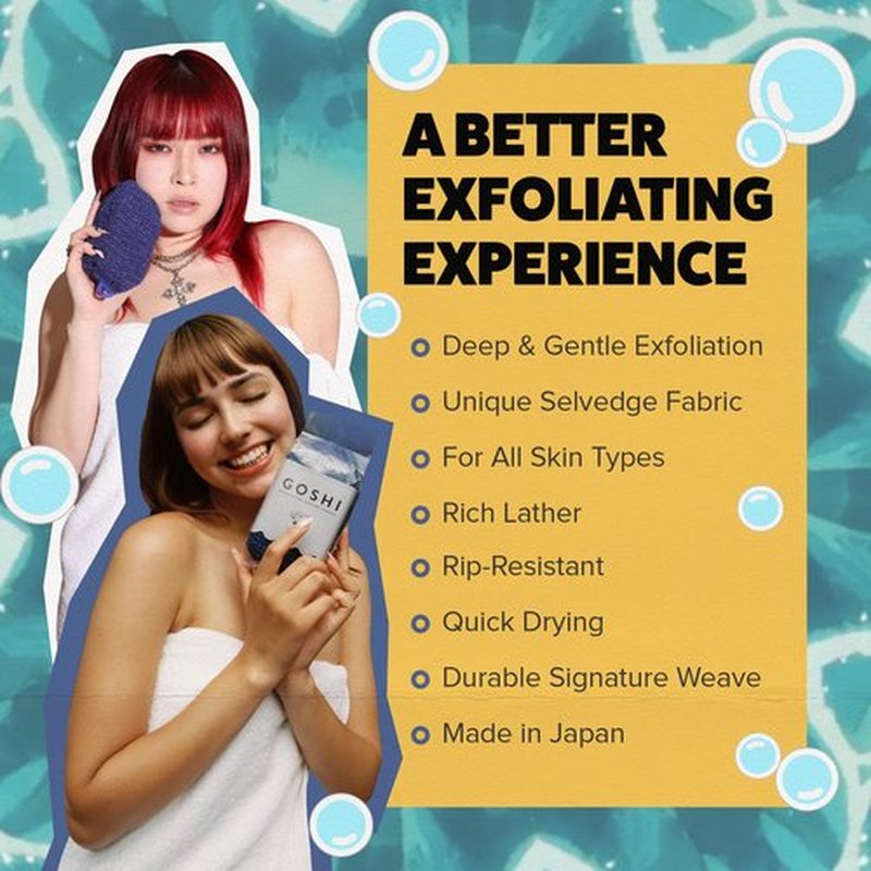 GOSHI Exfoliating Shower Sponge - Rip-Resistant, Rapid-Drying Exfoliating Bath Sponge for All Skin Types - Indigo Blue - Made in Japan