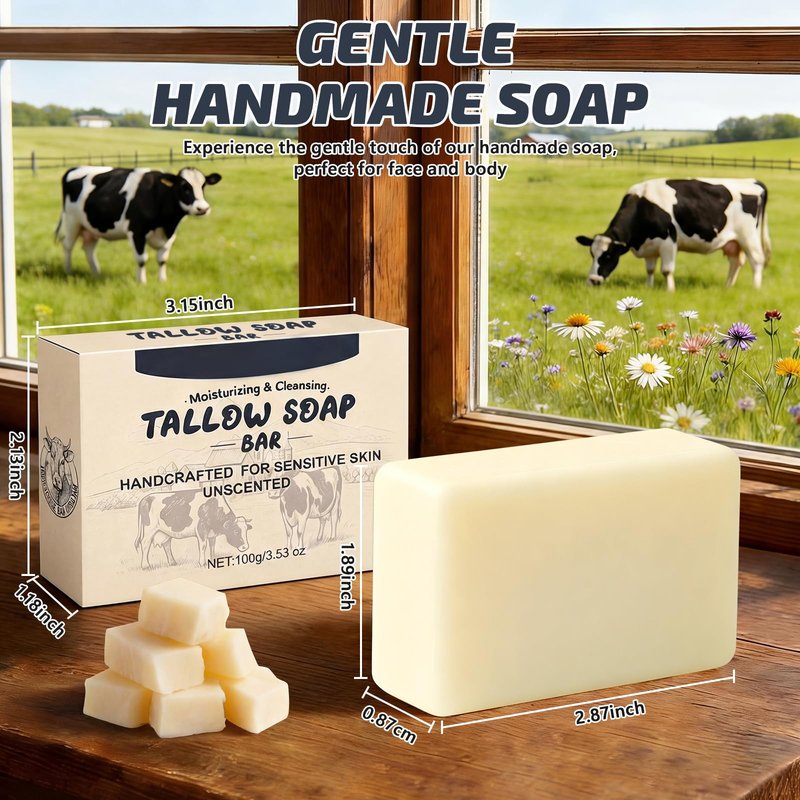 Viugex Beef Tallow Soap Bar, All Natural and Organic Grass Fed Tallow Soap, Moisturizing Face & Body Wash for Dry, Itchy, Sensitive Skin, Deep Cleansing Handmade Bath Soap for Adults, Kids - 1 Pack