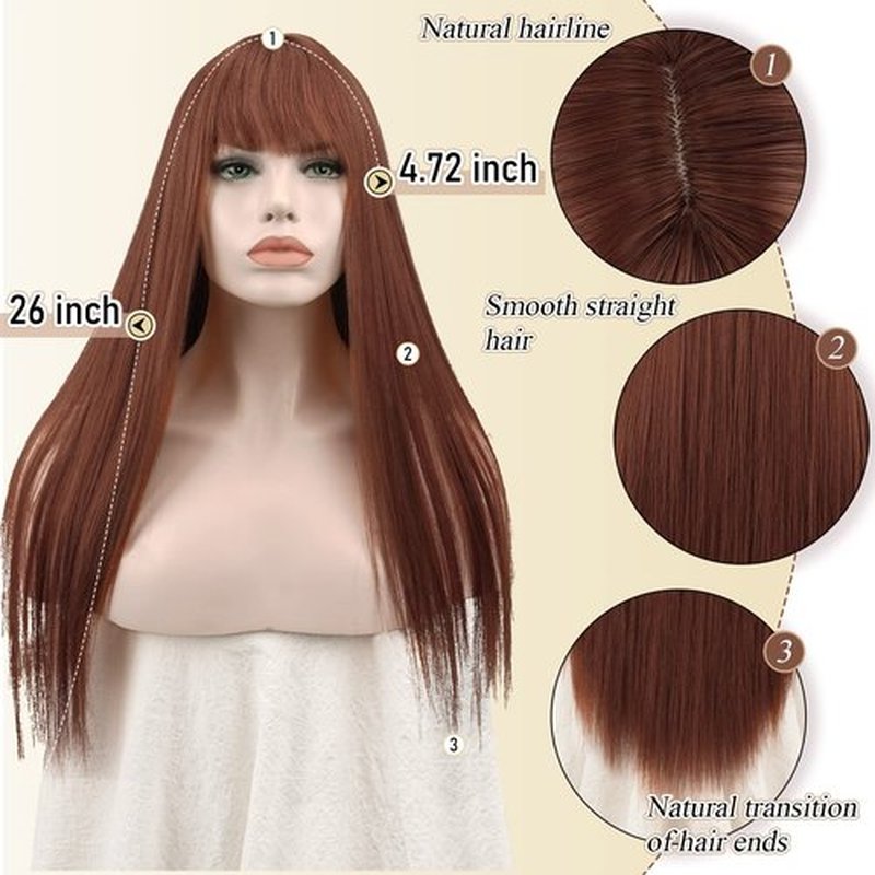 SOFEIYAN 26 inches Long Straight Wig with Bangs Auburn Synthetic Hair Replacement Wigs Heat Resistant Full Wig for Women Girls