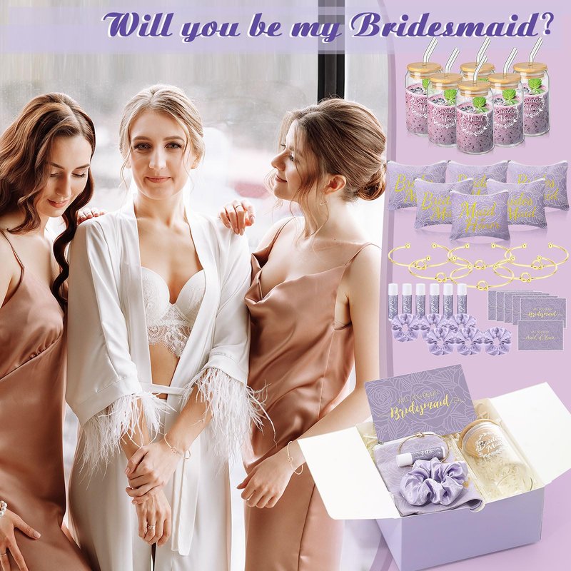 FillTouch 54 Pcs Bridesmaid Proposal Gifts, Will You Be My Bridesmaid, Maid of Honor Bride Gifts Include Gift Box Makeup Bag Invited Card Glass Cup Lip Balm Scrunchie Knotted Bracelet(Purple)
