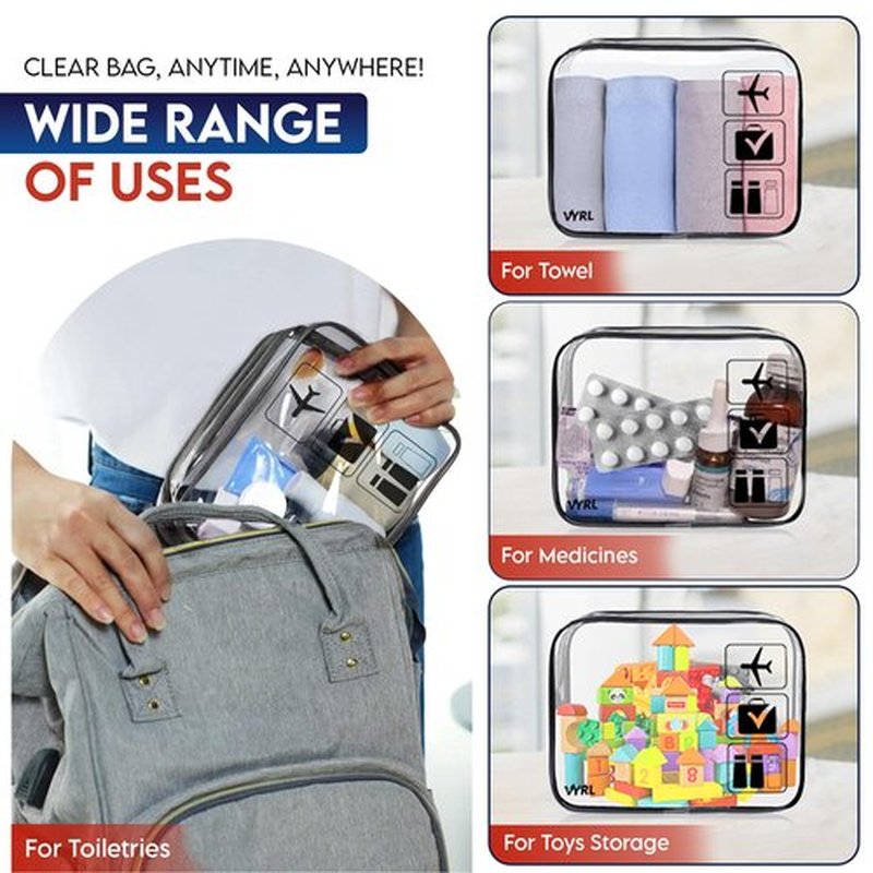 VYRL 3 Pack Clear Makeup Bag - Quart Size 3-1-1 TSA Approved Toiletry Bag with Zipper - Water-Resistant Durable PVC Clear Toiletry Bag for Carry-on Airport Travel Accessories - Black