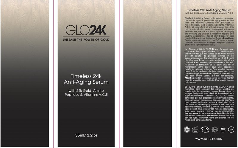 GLO24K Timeless Serum with 24k Gold, Peptides, and Vitamins A,C,E. A Powerful formula to nourish and revitalize your skin.