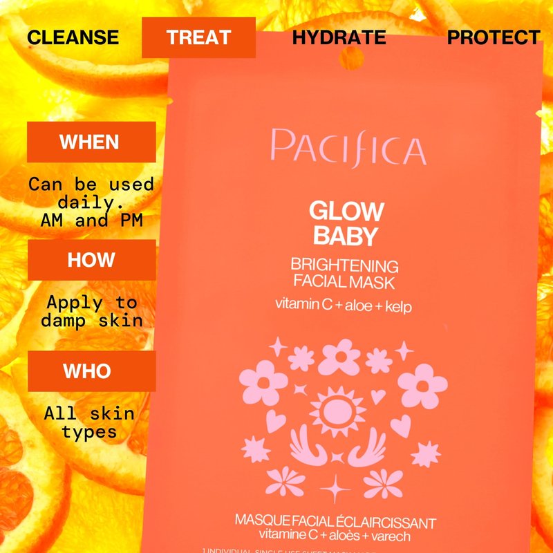 Pacifica Glow Baby Brightening Vitamin C Face Mask 4-Pack – Hydrating Serum-Soaked Sheet Mask for Glowing Skin, Fights Dullness & Dark Spots, Infused with Aloe & Kelp, 100% Vegan & Cruelty-Free