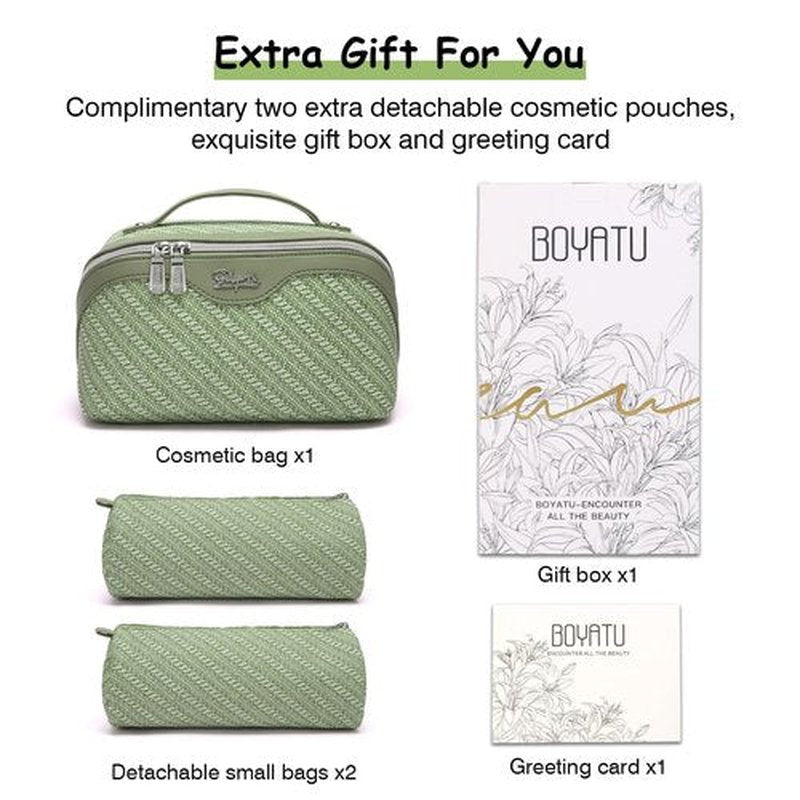 Travel Makeup Bags Cosmetic Organizer Bag: Large Capacity Make up Bag Set of 3 - Vegan Leather Toiletry Bag for Women - Portable Makeup Organizer with Compartments & Handle & Divider (3 Light Green)