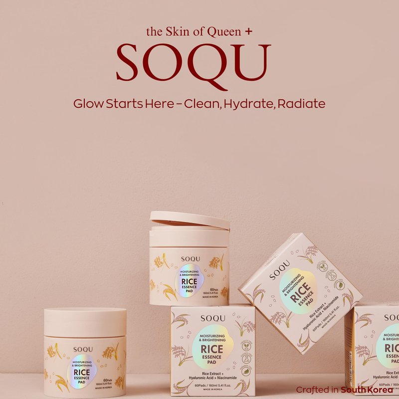 SOQU Rice Essence Pad – Moisturizing & Brightening Facial Pads with Rice Extract, Hyaluronic Acid & Niacinamide – 60 Pads (160ml, Made in Korea)