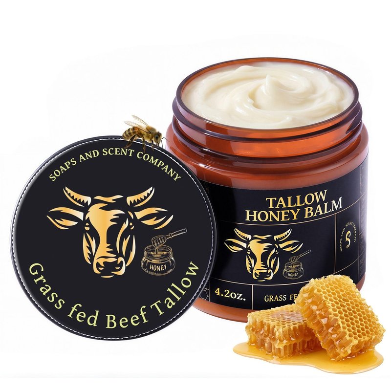 Grass-fed Whipped Beef Tallow Honey Balm for Face with Beeswax- - Rich in Vitamins A, D, E, and K and Nourishment for Your Face and Body - 4.2 OZ (scented)