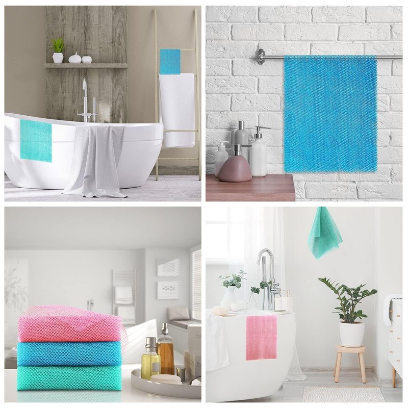UJFQBH 3 Pieces African exfoliating net African Net Long Net Bath Sponge Exfoliating Shower Body Scrubber Back Scrubber Skin Smoother,Great for Daily Use (Pink, Blue, Green)