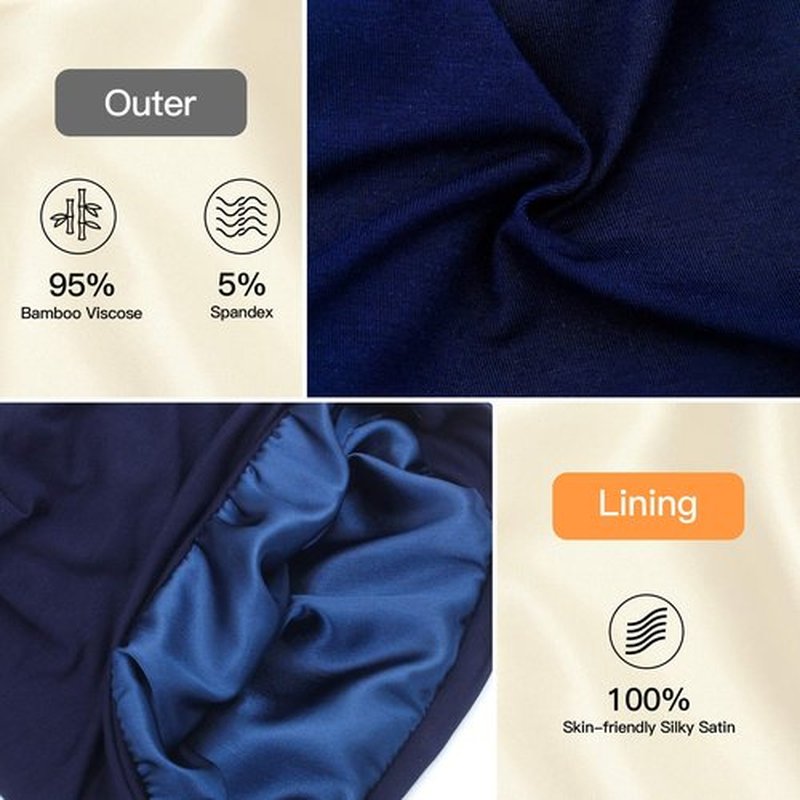 Silk Satin Lined Bonnet Sleep Cap - Adjustable Stay on All Night Hair Wrap Cover Slouchy Beanie for Curly Hair Protection for Women and Men - Solid Navy