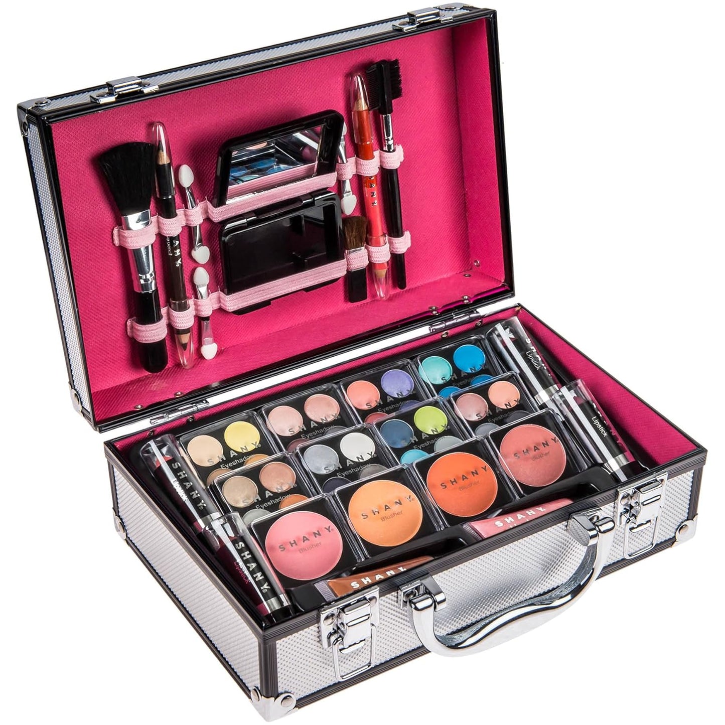 SHANY Carry All Make up Train Case with Pro Makeup Set, Beauty Brushes, Lipsticks, Eye Shadows, Blushes, Powders, and more - Reusable Cosmetics Storage Organizer - Premium Gift Packaging - Leopard