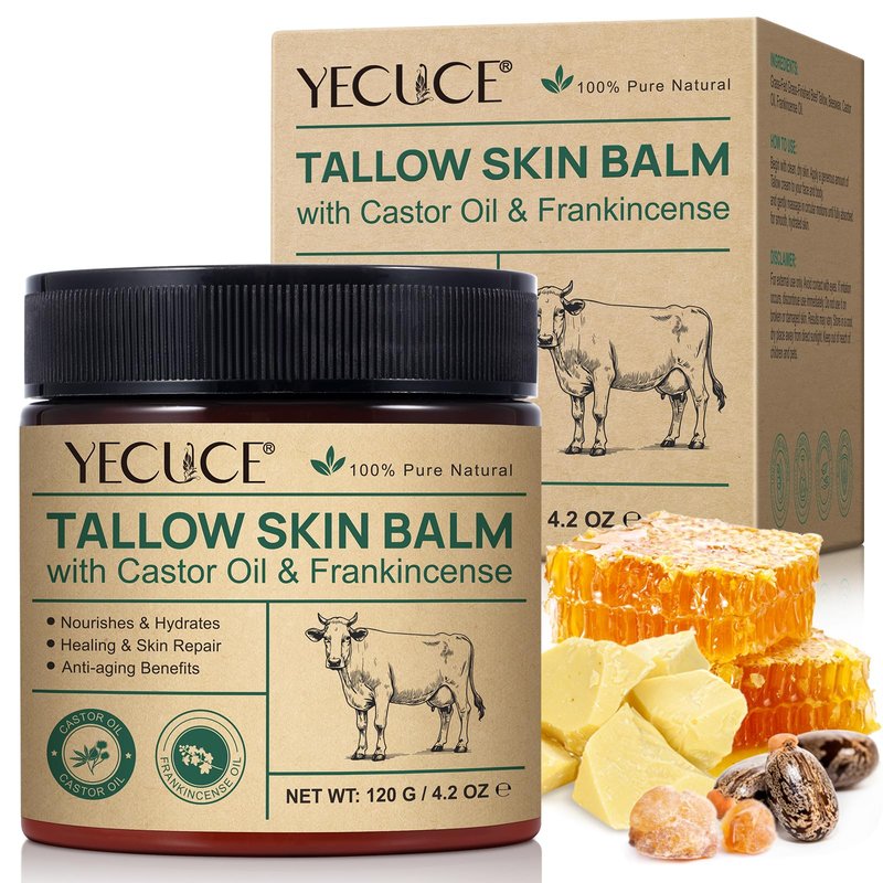 Yecuce Beef Tallow for Skin with Castor Oil and Frankincense, 4.2 oz Grass-Fed Tallow Cream, Face & Body Moisturizer for Dry Skin