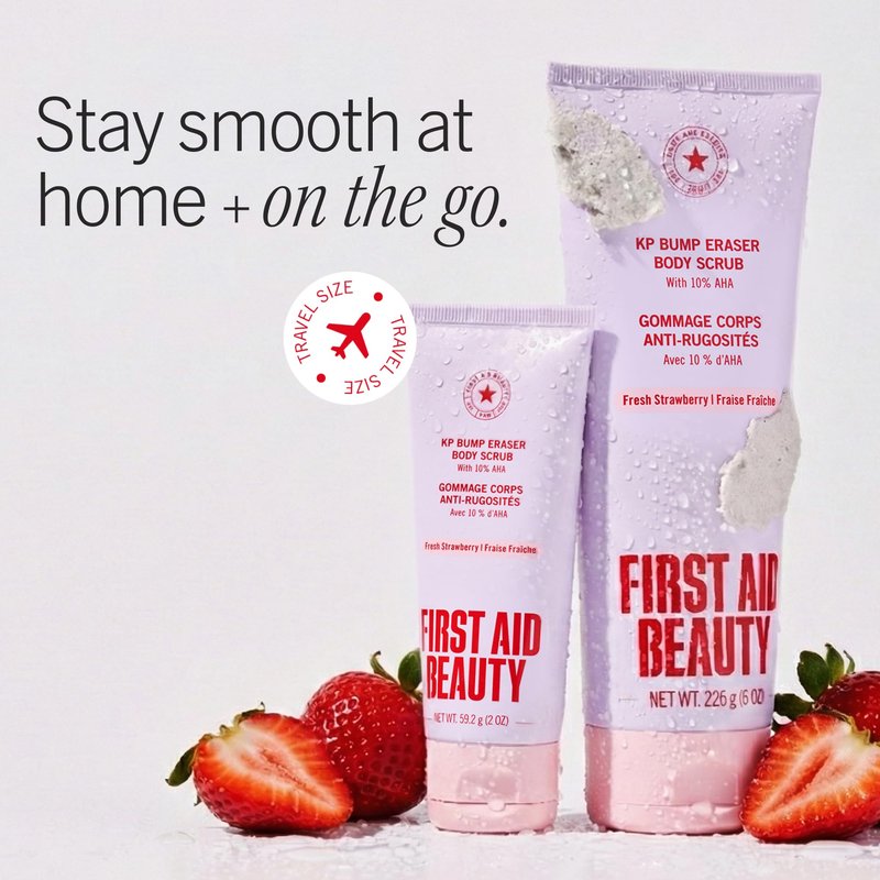 First Aid Beauty KP Bump Eraser Body Scrub with 10% AHA - Dermatologist-Tested Keratosis Pilaris Exfoliator - Support for Rough Bumps & Uneven Skin Texture - Sensitive Skin - 8 oz, Fresh Strawberry