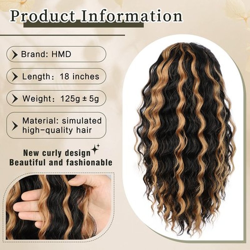 HMD Curly Ponytail Extension Drawstring Ponytail for Black Women Black with Ginger Curly Clip in Hair Extensions 18 Inch Ponytail Extension Synthetic Hairpiece for Daily Party(1BH27)