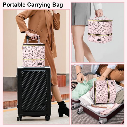 Veirdro Nail Polish Organizer Bag Holds 30 Bottles (15ml/0.5 fl.oz)& Nail Lamp, Portable Travel Nail Kit Storage Carrying Case, Double Layer Nail Supplies Holder Bag PU Leather Women (Baby Pink)