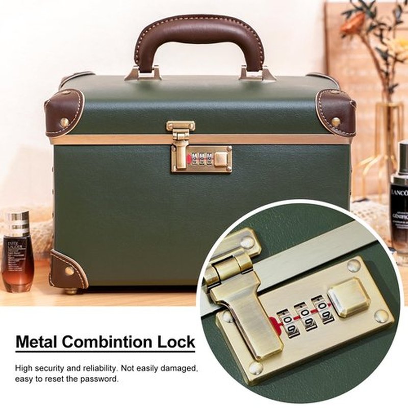 urecity Portable Retro Leather Makeup Train Case Cosmetic Organizer Case Leather Storage Box with Combination Lock (12.5", Green)