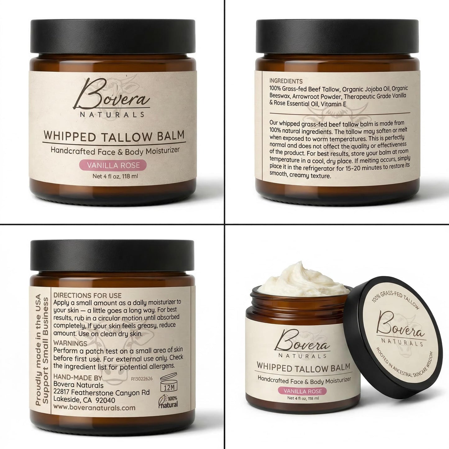 Bovera Naturals Tallow Moisturizer, Vanilla Rose Scent Face and Body Cream, 100% Organic Grass-Fed Beef Tallow, Non-Greasy for Dry Sensitive Skin, Eczema Cream and Body Butter, 4 fl oz