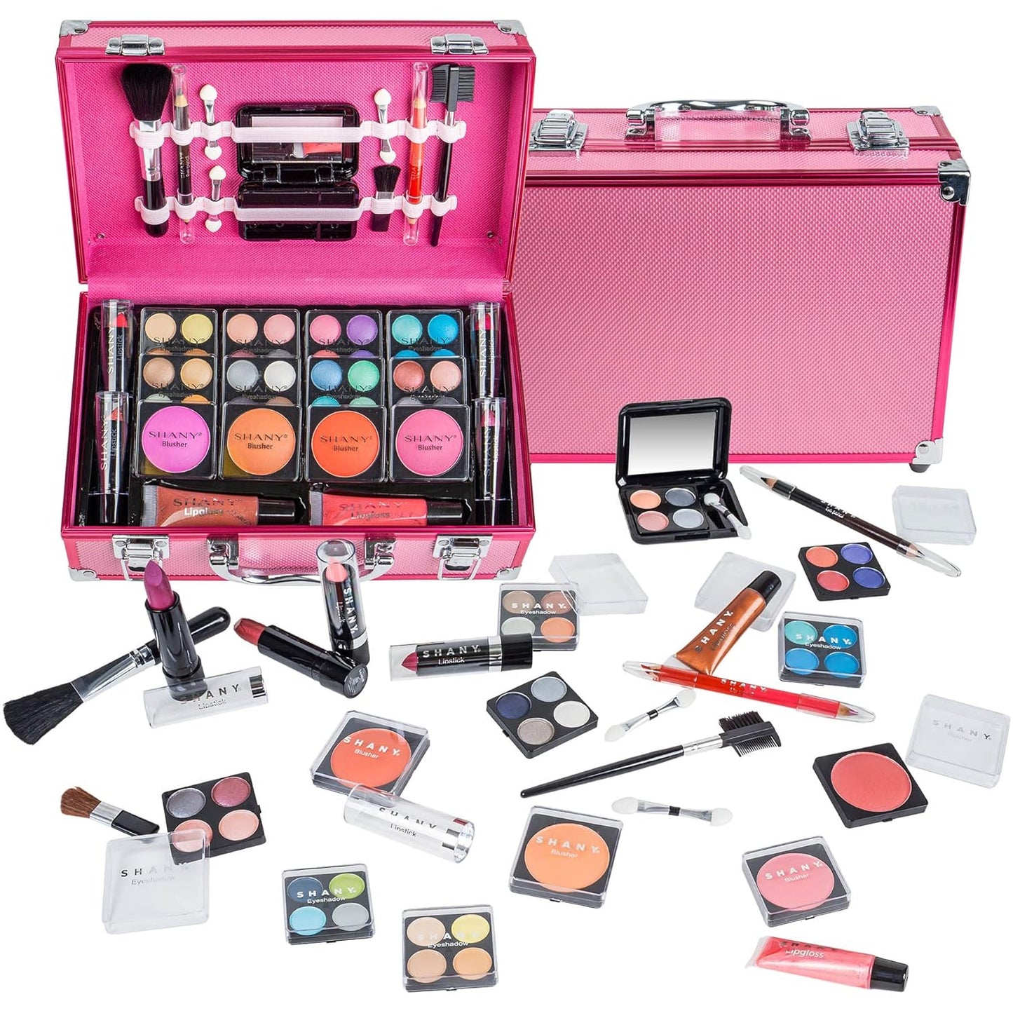 SHANY Carry All Make up Train Case with Pro Makeup Set, Beauty Brushes, Lipsticks, Eye Shadows, Blushes, Powders, and more - Reusable Cosmetics Storage Organizer - Premium Gift Packaging - Leopard