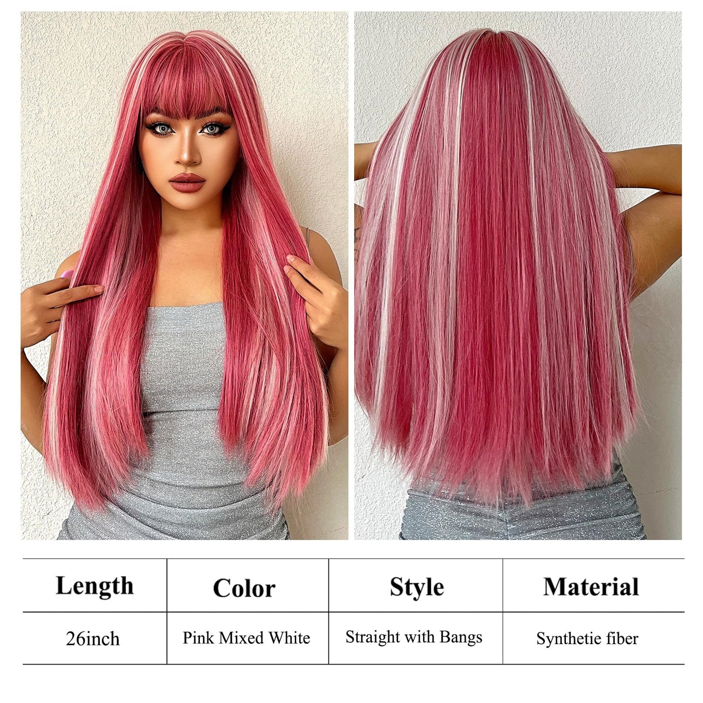 testar Pink Wigs for White Women Long Straight Wigs With Bangs Natural Looking Heat Resistant Fiber Synthetic Wigs for Any Occasion Use 26IN