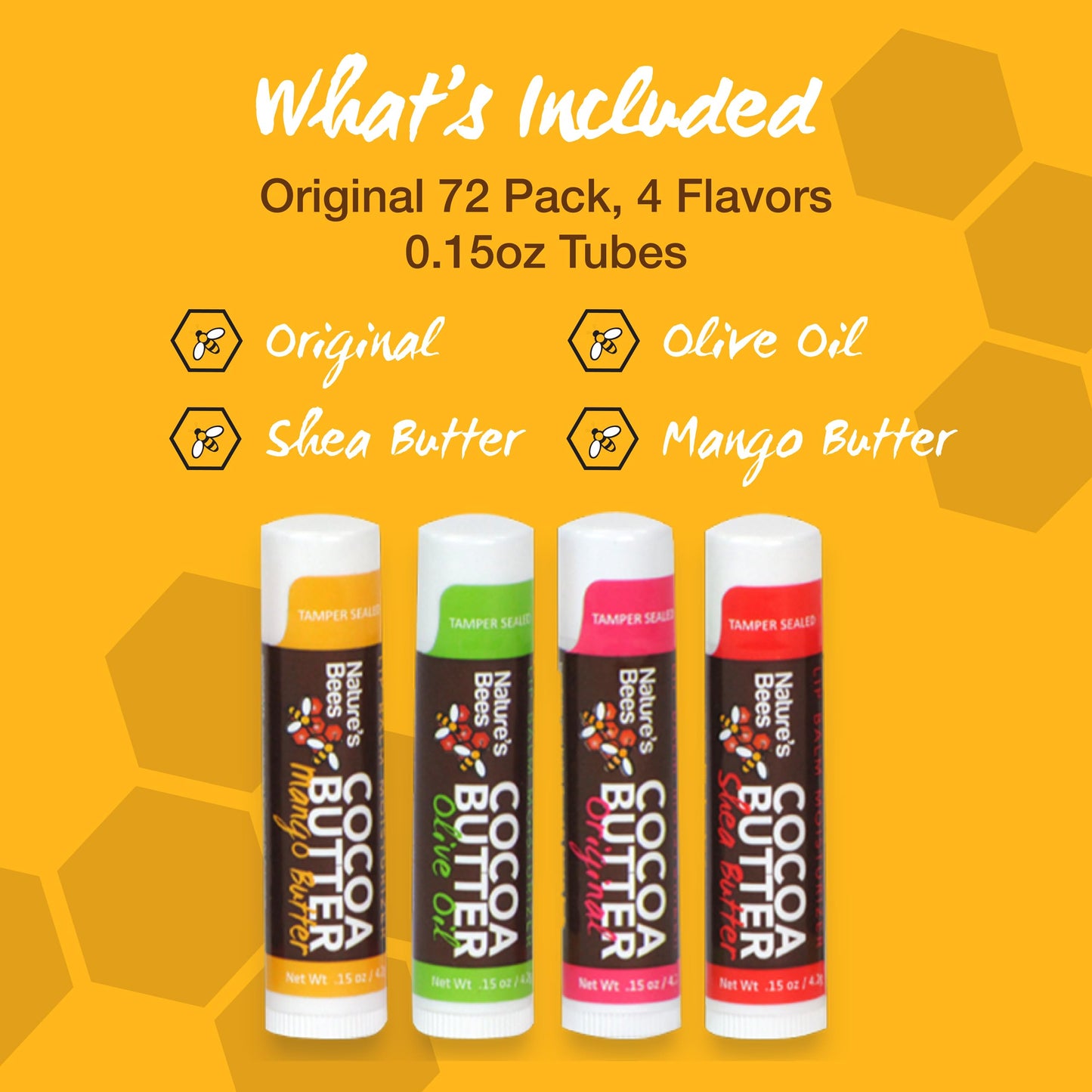 Nature's Bees Cocoa Butter Lip Balm, Original, Shea Butter, Mango Butter and Olive Oil, Bulk Lip Care for Dry Lips, Made with Coconut Oil, Beeswax, Vitamin E, Aloe, 0.15 oz, 4 Flavors, 72 Pack