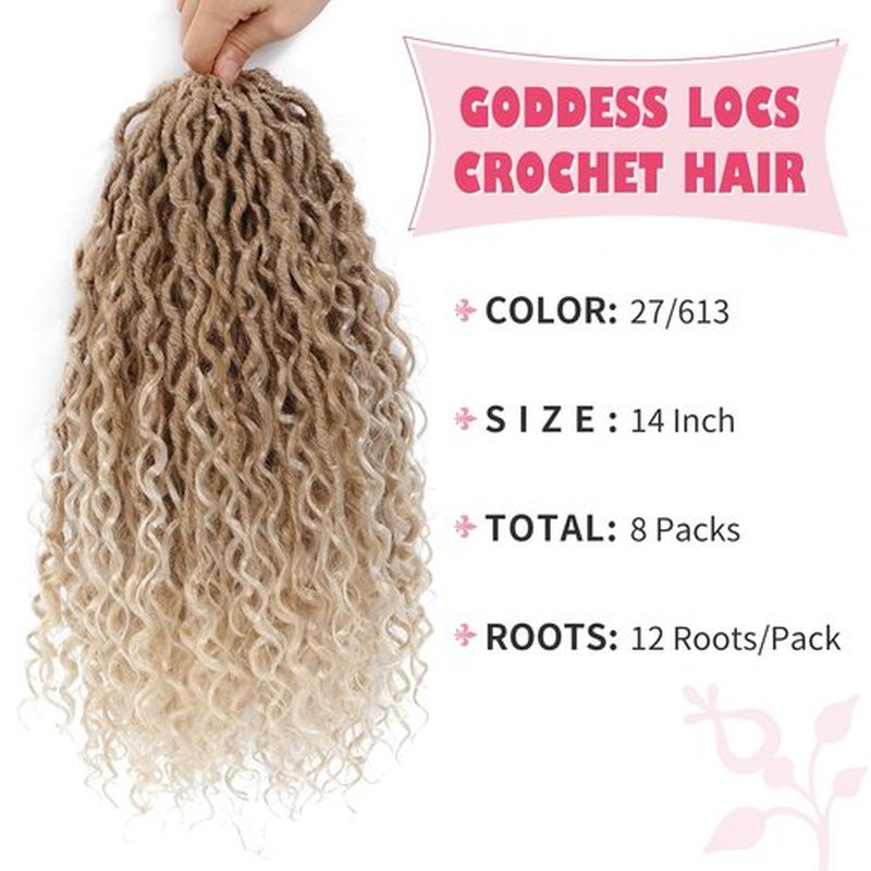 Alicoco Goddess Locs Crochet Hair 14 Inch 8 Packs Faux Locs Crochet Hair For Women Boho Soft Locs Pre-looped River Crochet Locs With Curly Ends (14 Inch (Pack of 8), 27/613)