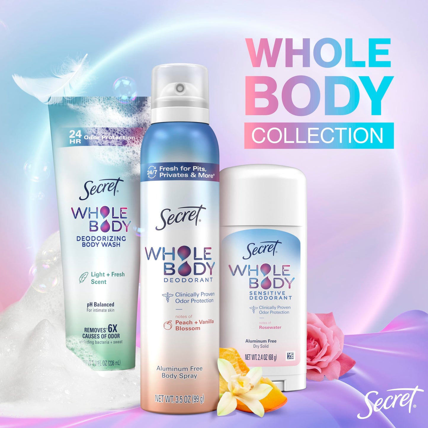 Secret Feminine Wash, 24 HR Deodorizing Feminine Body Wash for Women, Removes 6x Causes of Odor, PH Balanced, Safe to Use Everywhere, Light & Fresh, 8.0 oz