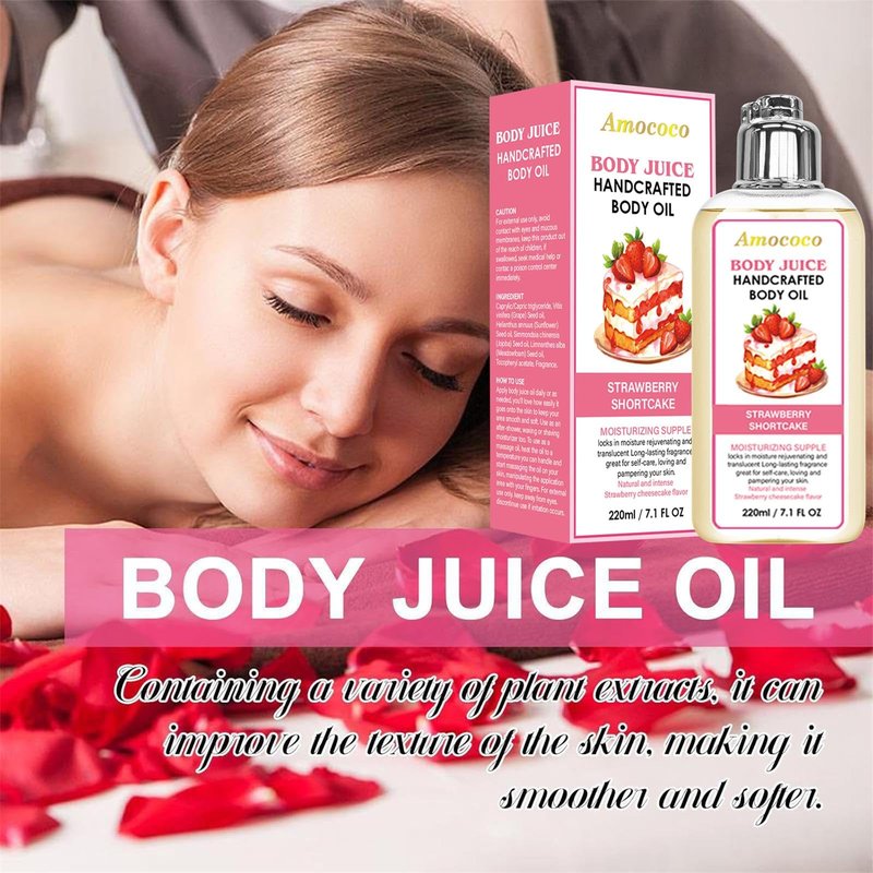 Amococo Strawberry Body Juice Oil, Moisturizing Dry Skin Care with Natural Oils, Lightweight Fast Absorbing Formula for Soft Smooth Skin, 7.1 Fl Oz