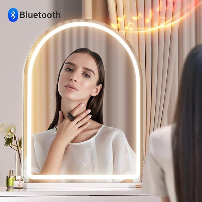 Hasipu Vanity Mirror with Lights and Bluetooth Speaker, 20"× 26" Arched LED Makeup Mirror, Lighted Desktop Makeup Mirror with Lights, Smart Touch Control Dimmable 3 Modes Light White