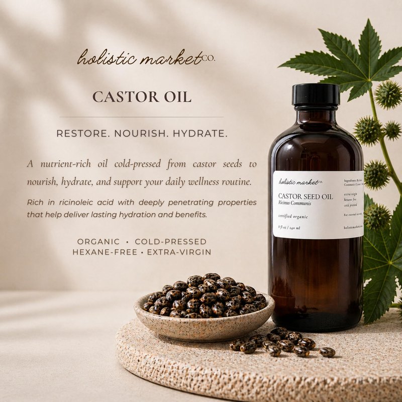 Holistic Market Co. Castor Oil 8oz Certified Organic Cold Pressed Hexane Free Glass Bottle Extra Virgin Premium Quality 100% Pure For Use In Castor Oil Packs