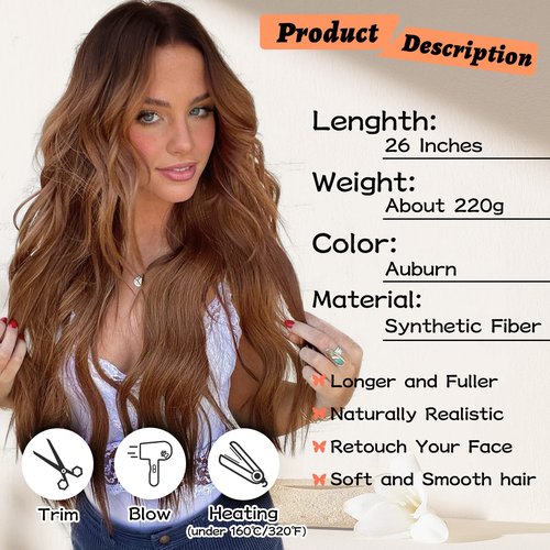 NAYOO Long Wavy Auburn Wigs for Women Middle Part Wavy Curly Wig with Dark Roots Synthetic Heat Resistant Fiber Women Wigs for Daily Party Use (Auburn)
