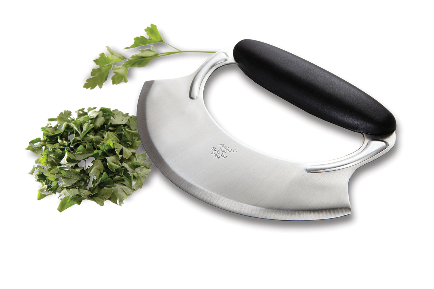 Amco Mezzaluna Herb Chopper with Silicone Handle & Stainless Steel Blade - 4.9" Dishwasher Safe Chopping Tool for Herbs, Vegetables & Garlic - Non-Slip Grip, Easy to Use & Comfortable to Hold