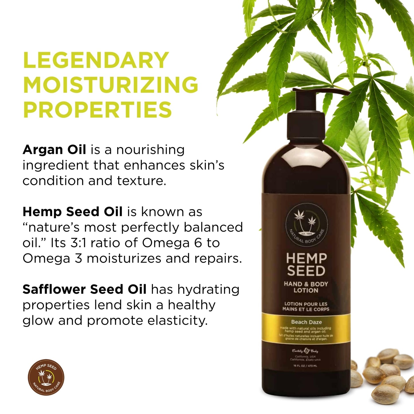 Hemp Seed Hand & Body Lotion, Beach Daze Scent - 16 oz. - Soothe Dry Skin - Argan Oil, Hemp Seed Oil - Light, Non-Greasy Formula - Vegan & Cruelty Free