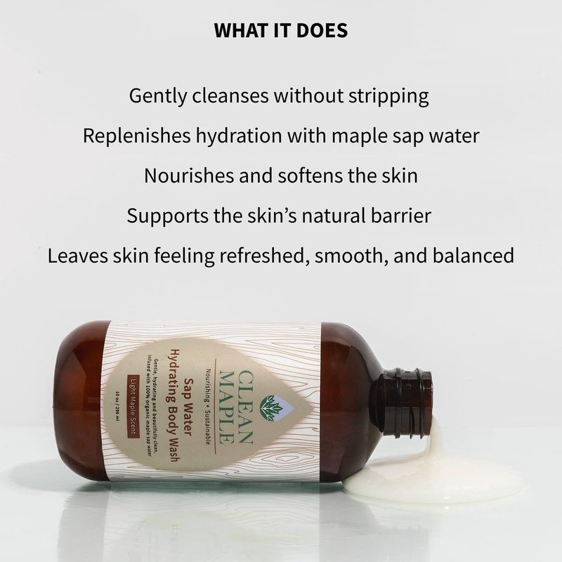 Clean Maple Sap Water Hydrating Body Wash, Light Maple Scent, Nourishing and Sustainable, 10 oz