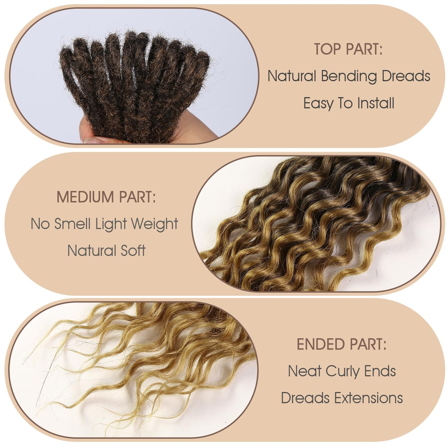 HANNE 24 Curly Double Ended Wavy Dreadlock Extensions for Women and Men 10 Strands Handmade Wools Hippie Style Locs Crochet Hair Extensions Ombre Brown Goddess DE Dreads Extensions (24 inch, MT1B/27)