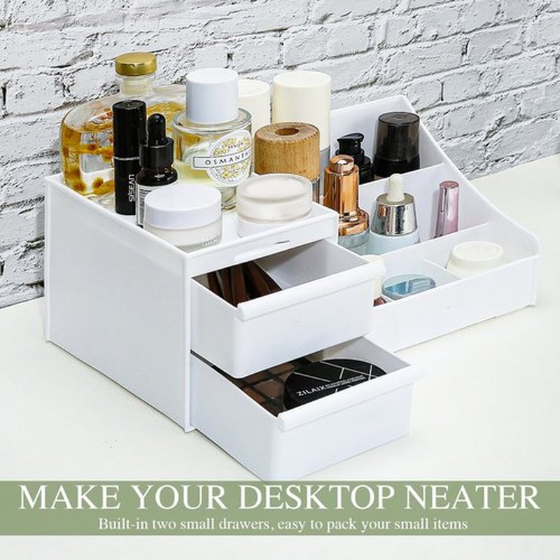 POFUOT skin care organizer,Makeup Desk Organizer With Drawers,Countertop Organizer for Cosmetics,Vanity brush with Holder for Lipstick, Brushes, Eyeshadow, and Desktop (Large-White)