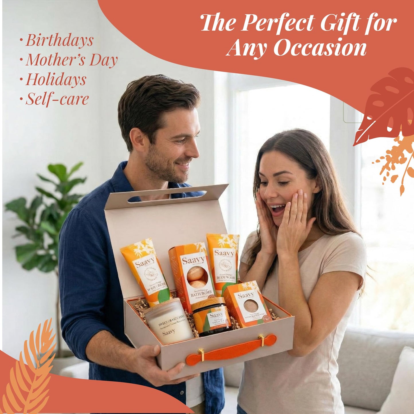 Saavy Naturals 9-Piece Spa Gift Set – Body Wash, Scrub & More – Plant-based Ingredients, Luxurious Spa Gift Basket for Women & Men –Mothers Day Gifts – (Sweet Orange GIft Set)