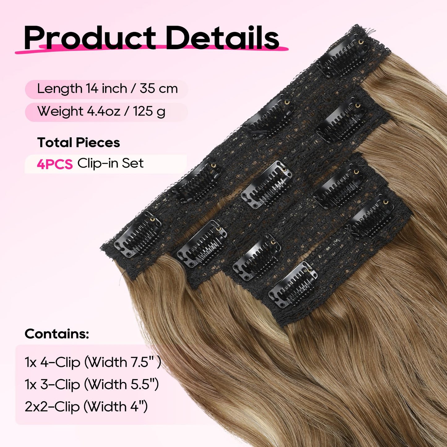 REECHO Hair Extensions, 4PCS Clip in Hair Extensions 14" Short Beach Wavy Hair Extensions Invisible Lace Weft Natural Soft Hairpieces for Women – Dark Ash Brown with Highlights